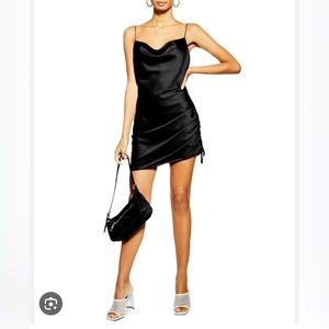 TOPSHOP Ruched Mini Satin Slip Dress in Black